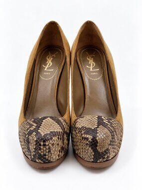 Yves Saint Laurent brown suede heels with snake print toe cap